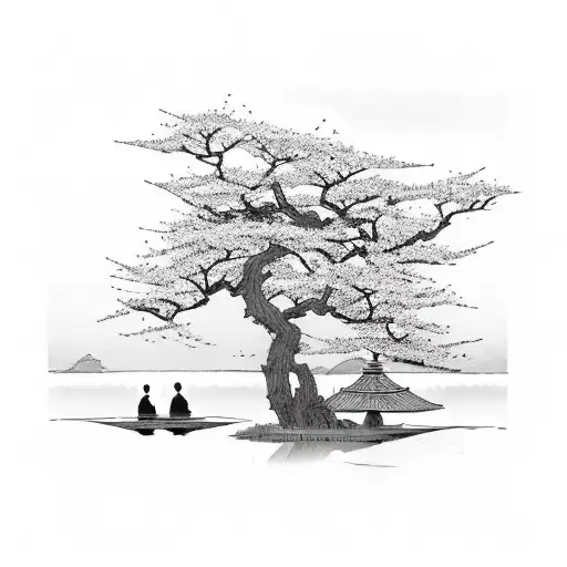 Samurai Sleeping Next To Cherry Blossom Tree At A Lake