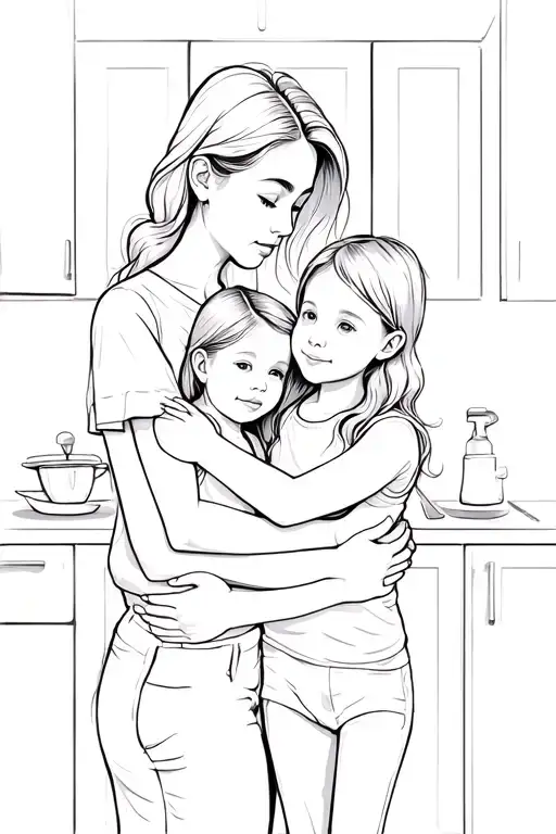 A Mother Hugging Her Children In A Kitchen