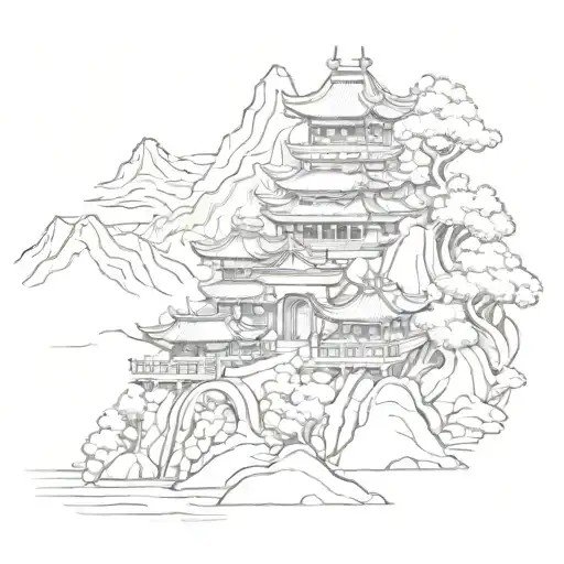 Incorporate Traditional Chinese Architecture And A Dragon In A Mountain Landscape