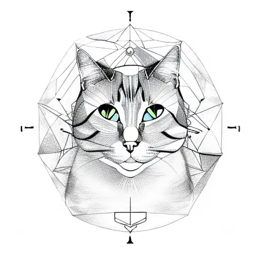 A Geometric Representation Of A Cat With The Cancer Zodiac Symbol And A Full Moon As Its Eyes