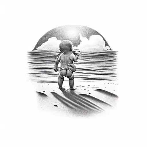 A Baby Holds A Watch That Drowning In The Sand And In The Watch There Is A Sunset