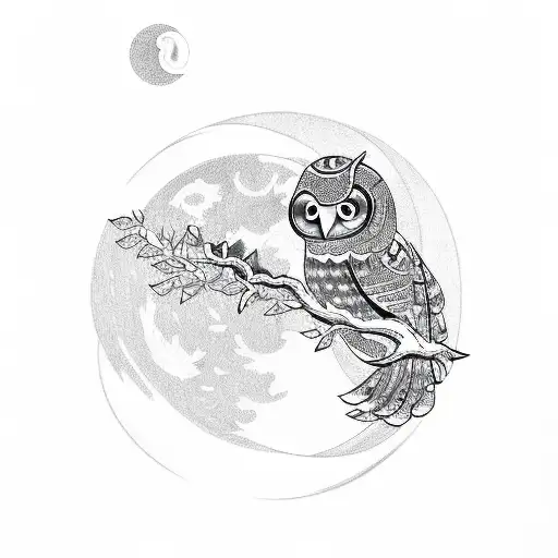 Moon And Japanese Characters With Flowers And Owl