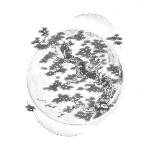 Moon And Japanese Characters Down Wards With Flowers And Owl