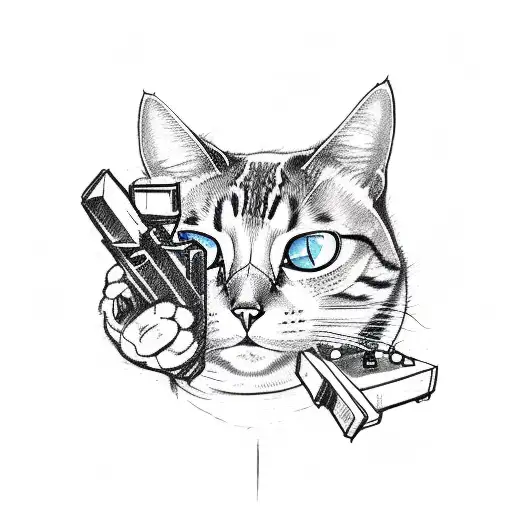 A Sketch-style Tattoo Of A Sad Cat Holding A Game Controller With A Gun Lying Beside It
