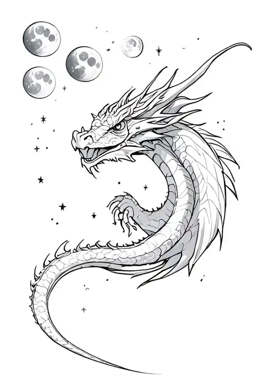 Dragon Flying Up And Above Him Are 5 Moon Phases And Stars