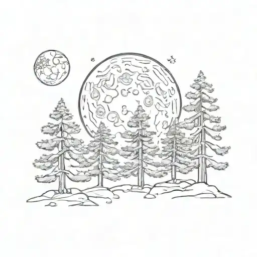 Three Pine Trees With Waning Gibbous Moon