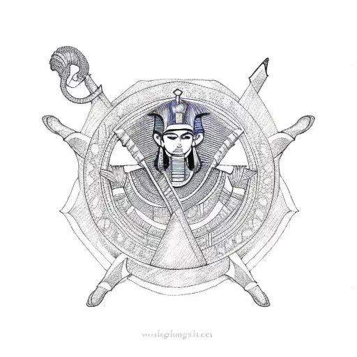 An Intricate Blackwork Tattoo Of An Egyptian Pharaoh Riding A Viking Longship