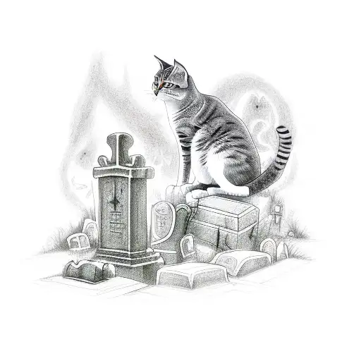 A Hauntingly Elegant Graveyard With Intricate Tombstones And A Solitary Cat
