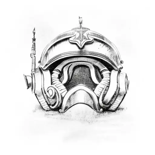 A Black And White Sketch Of A Military Helmet Adorned With Ferns And Surrounded By Ocean Waves