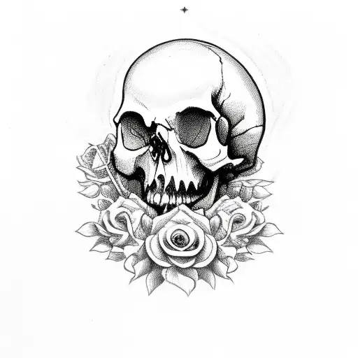 Skull With Roses And Praying Hands With Rosary Beads