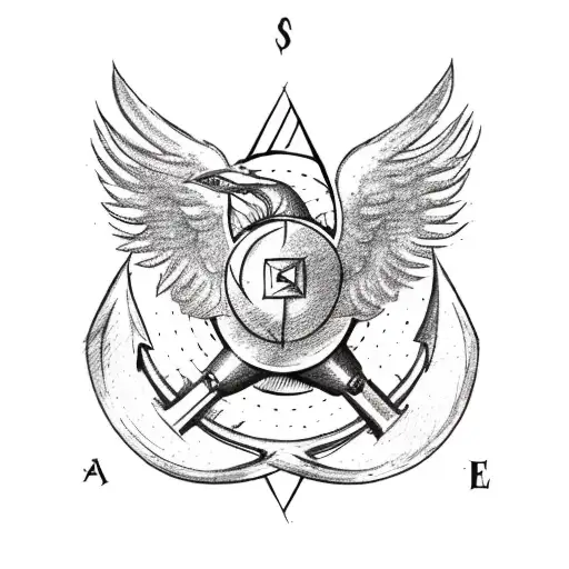 A Phoenix Holding A Steering Wheel At The Tail And A Compass Below Pointing To The Anchor Below