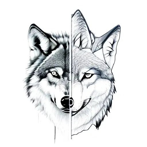 Wolf Head Split In Half Vertically With Womans Face In The Middle