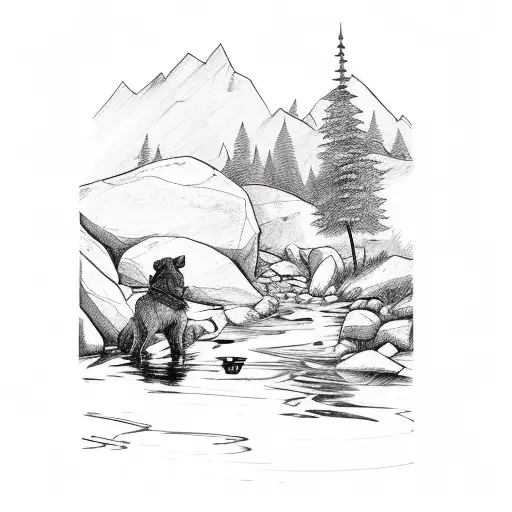 A Dog Fishing In A Mountain Stream