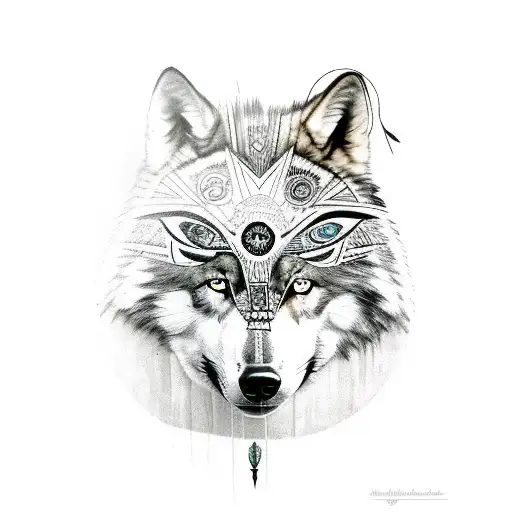 Native American Woman With Each Half Of The Wolf On Each Side Of Her Face