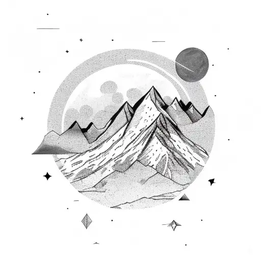 M Shaped Mountain C Shaped Moon Two Stars Above Mountain One Bigger Than The Other
