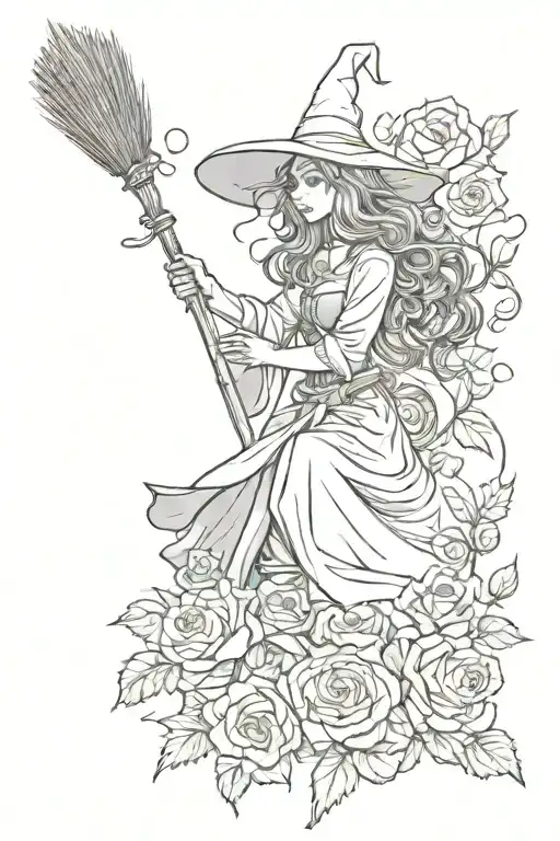 Witch With A Broom Among Roses