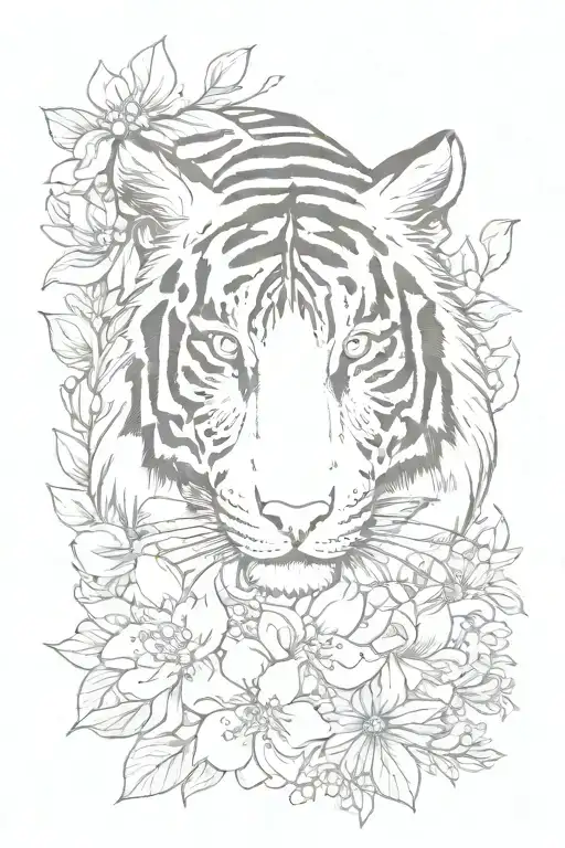 A Sketch Of A Tiger Sleeping Peacefully In A Bed Of Flowers