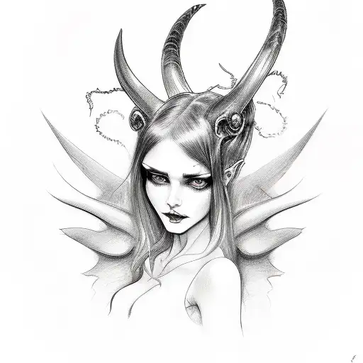 A Sketch-style Portrait Of A Hauntingly Beautiful Succubus With Demon Horns