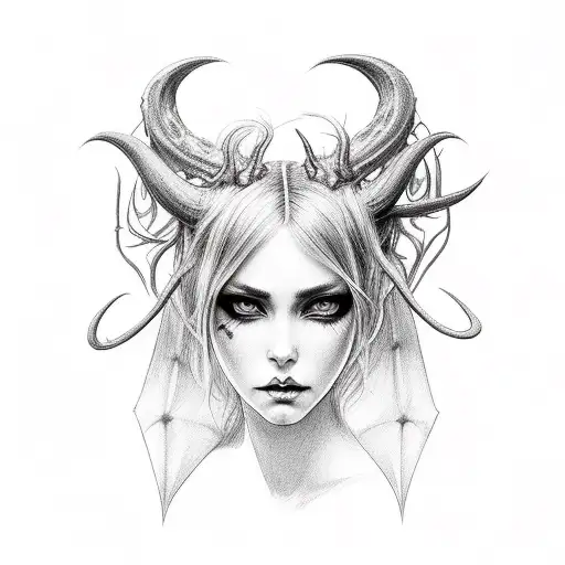 Detailed Portrait Of A Hauntingly Beautiful Succubus With Demon Horns And Long Dark Hair