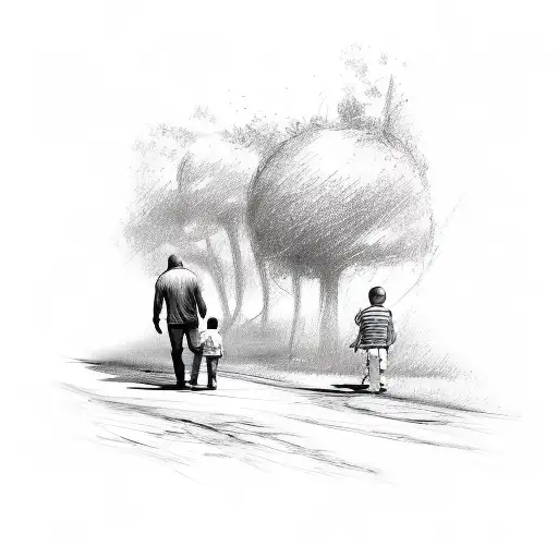 Sketch Of A Father And Child Enjoying A Walk In Nature