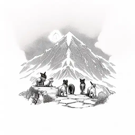 A Group Of Dogs Hiking Up A Mountain Trail With Lord Of The Rings Characters