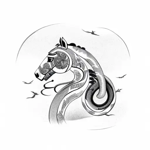 Horse And Snake Together With A Bird On Top A Tiger