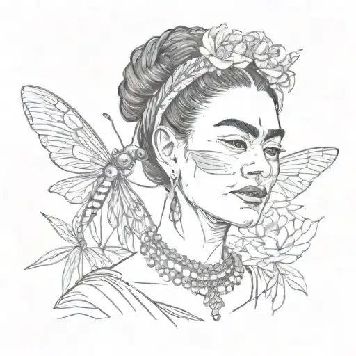 A Portrait Of Frida Kahlo With A Dragonfly Resting On Her Shoulder