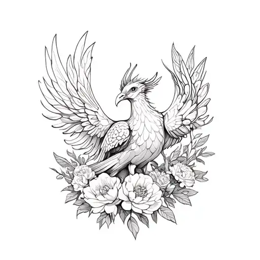 Phoenix Surrounded By Fairy Garden With Peonys