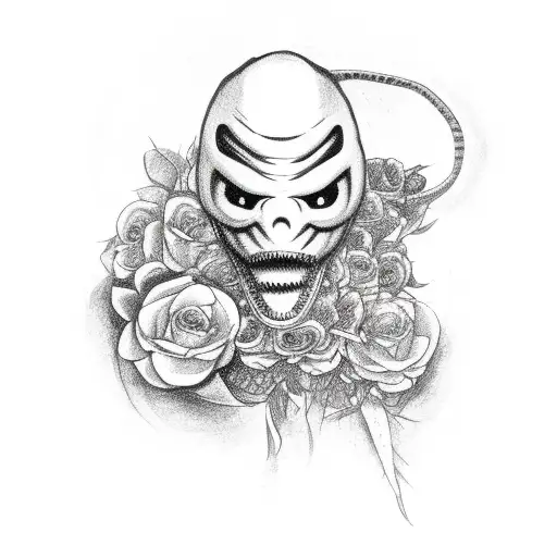 Ghostface With Snake Going Through The Eyes And Mouth With Flowers Placed Randomly Around Face