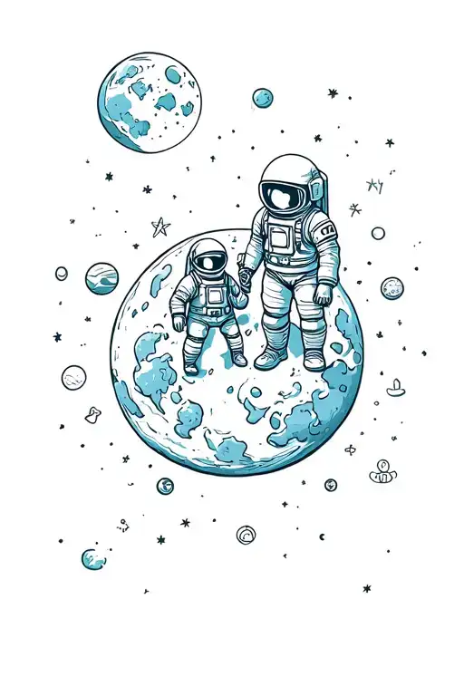 Little Astronout And Big Astronout Looking From The Moon To The Earth