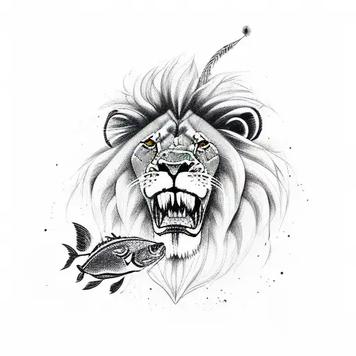 Lion Fighting A Fish