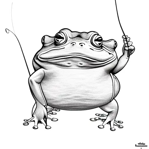 Fat Frog Holding A Fishing Rod In The Style Of A Funny Tattoo Frog