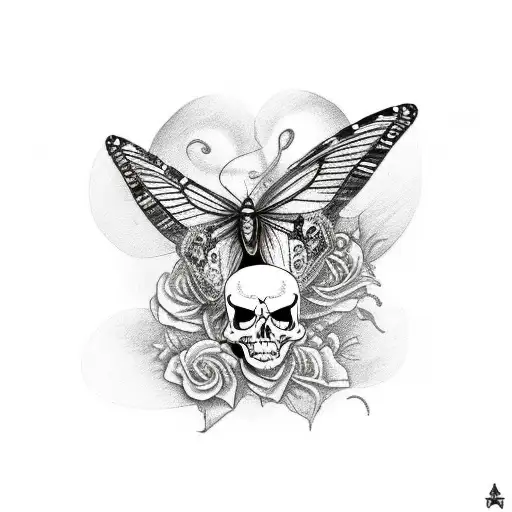 A Black And Grey Tattoo Of A Rockabilly- Gamble Style Inspired Butterfly With A Skull And Roses
