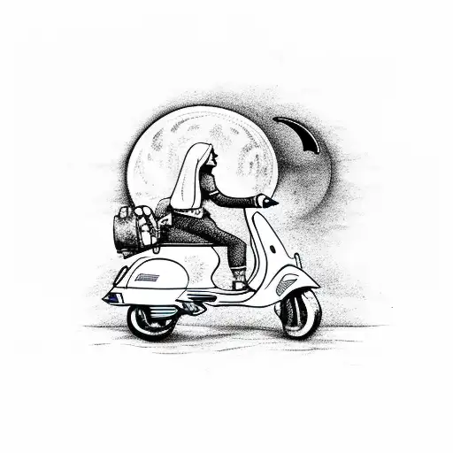 A Vespa Driving Along A Beach With A Crescent Moon Shining Above