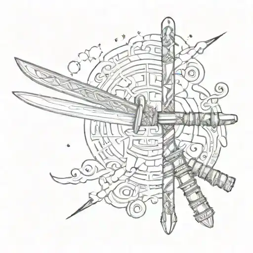 Katana And Hieroglyphs On The Hand