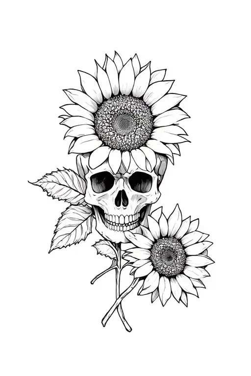 Skull And Sunflower Intertwined Within