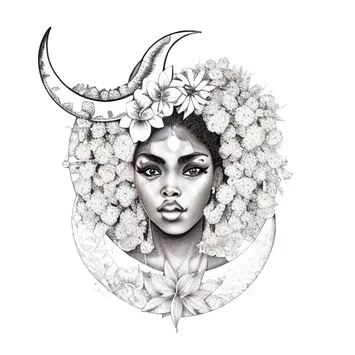 Afro Latina Woman With A Crescent Moon On Her Forehead And Flowers In Her Hair