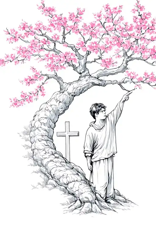Cherry Blossom Tree With A Boy Pointing At A Cross
