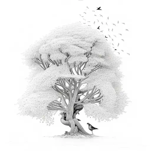 Mustard Tree With Deep Roots And With Colorful Birds