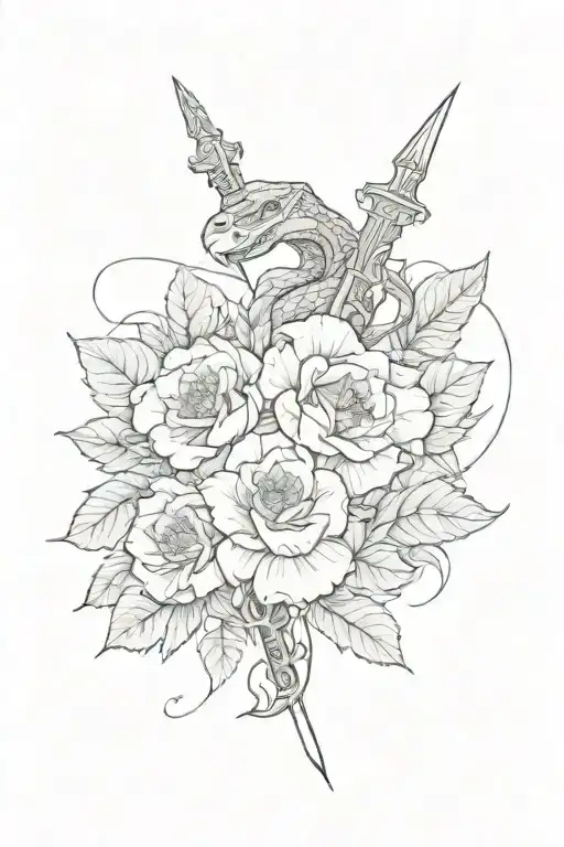 Mendella With Snake Coiled Around A Sword Big Flowers And Lines With Tear Drops