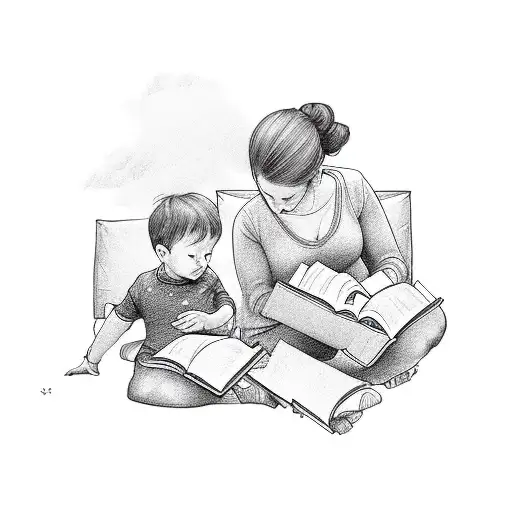 Mom Holding Little Boy And Girl While Reading A Book