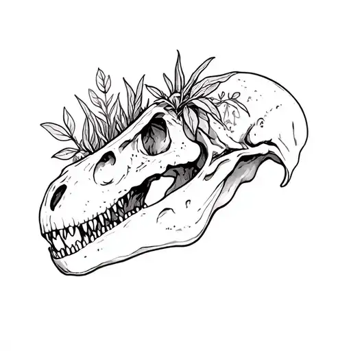 Dinosaur Skull With Plants Growing Over It