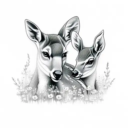 A Mother Doe And Her Fawn Nestled Among A Bed Of Wildflowers