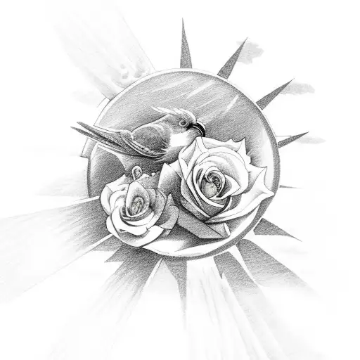 Clouds And Sun Rays With Brids And Roses Going Down The Shoulder