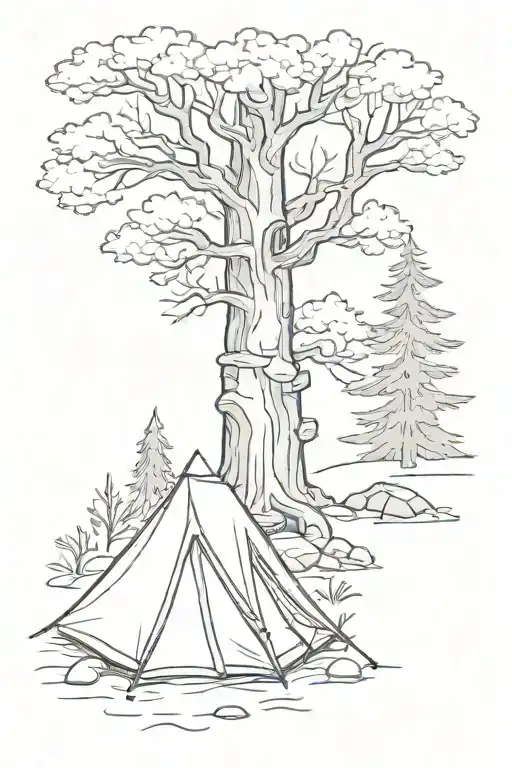 Tent Next To Tree With Campfire