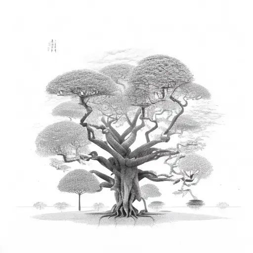 Banyan Tree With Huge Trunk And Roots Going Down To The Ground