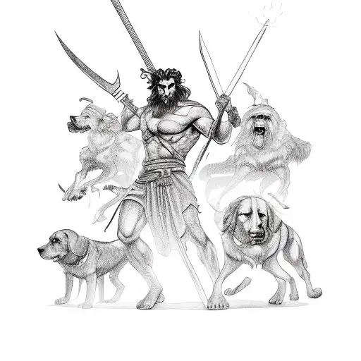 Hades Greek God With Fire In Eyes And His Guard Dogs