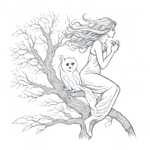 Silhouette Of A Woman And A Ghost Sitting On A Tree Branch