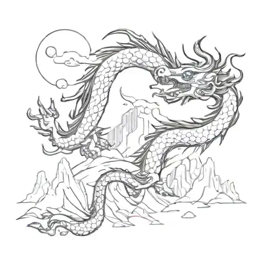 Incorporate Elements Of Chinese Calligraphy With A Dragon Soaring Over Mountain Tops