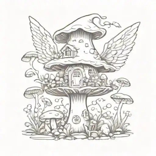 Curvy Winged Fairy In A Mushroom Garden Scene With A Mushroom House